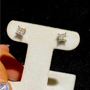 L-13: Solid 10K WG Princess Cut Earrings - Holding 1/2 ct each Diamond Simulants